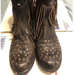 Stetson Womens Ankle Boots Handmade Lila Fringe Booties Black Studded Toe
